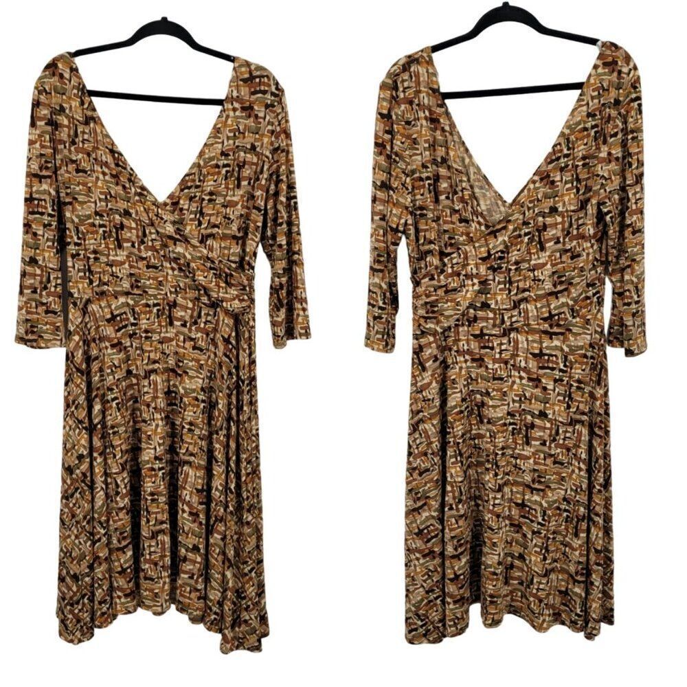 Vintage Slinky Stretch Faux Wrap Dress XL Brown Geometric Gathered Waist Mod USA